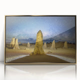Mid-century modernist art depicting Perth scenery in gold and teal tones on a framed acrylic.