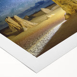 Art deco poster of Perth skyline in muted gold and blue tones on rolled canvas, suitable for dining room wall art.