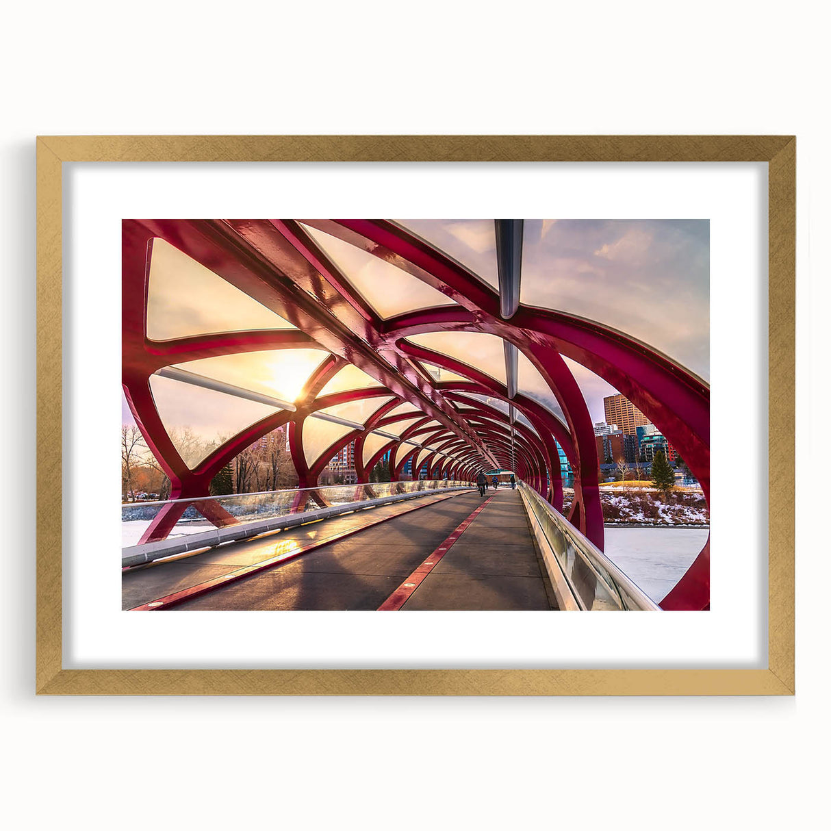 Extra large abstract art print of Alberta scenery in textured style, framed with a gold mat, ideal for living room decor.