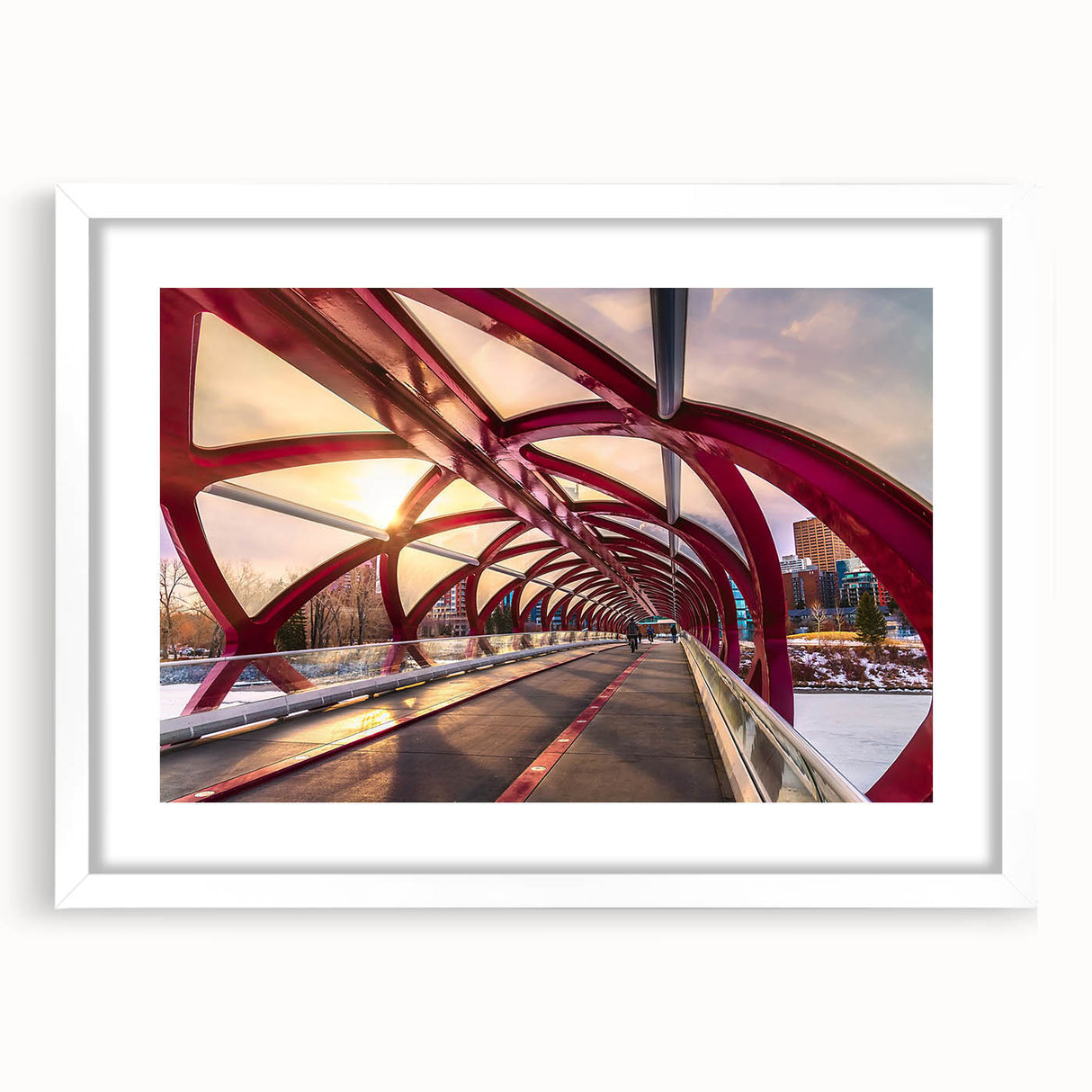 Abstract art print depicting Alberta, Canada scenery in muted earth tones on a framed white mat.