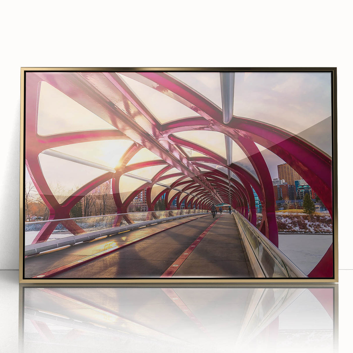 Large art print of Alberta, Canada scenery in mid-century modernist style, framed in acrylic with gold tones.