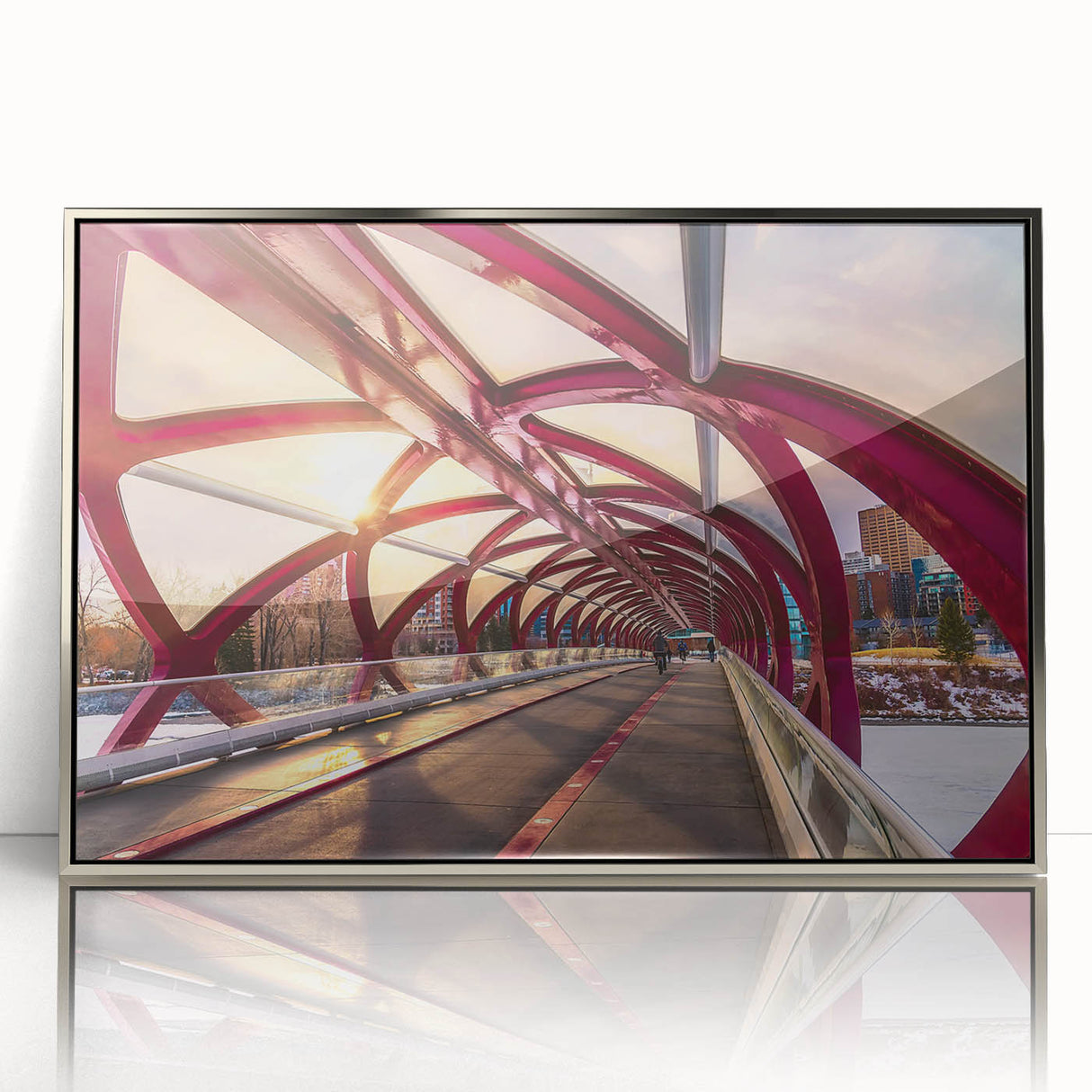 Mid-century modernist art of Alberta scenery in muted earth tones on a silver-framed acrylic print.