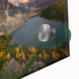 Large abstract wall art depicting British Columbia scenery in mid-century modernist style on acrylic glass.