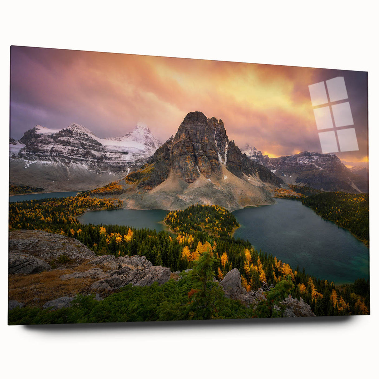 Large abstract wall art of British Columbia scenery in subdued earth tones on acrylic glass.