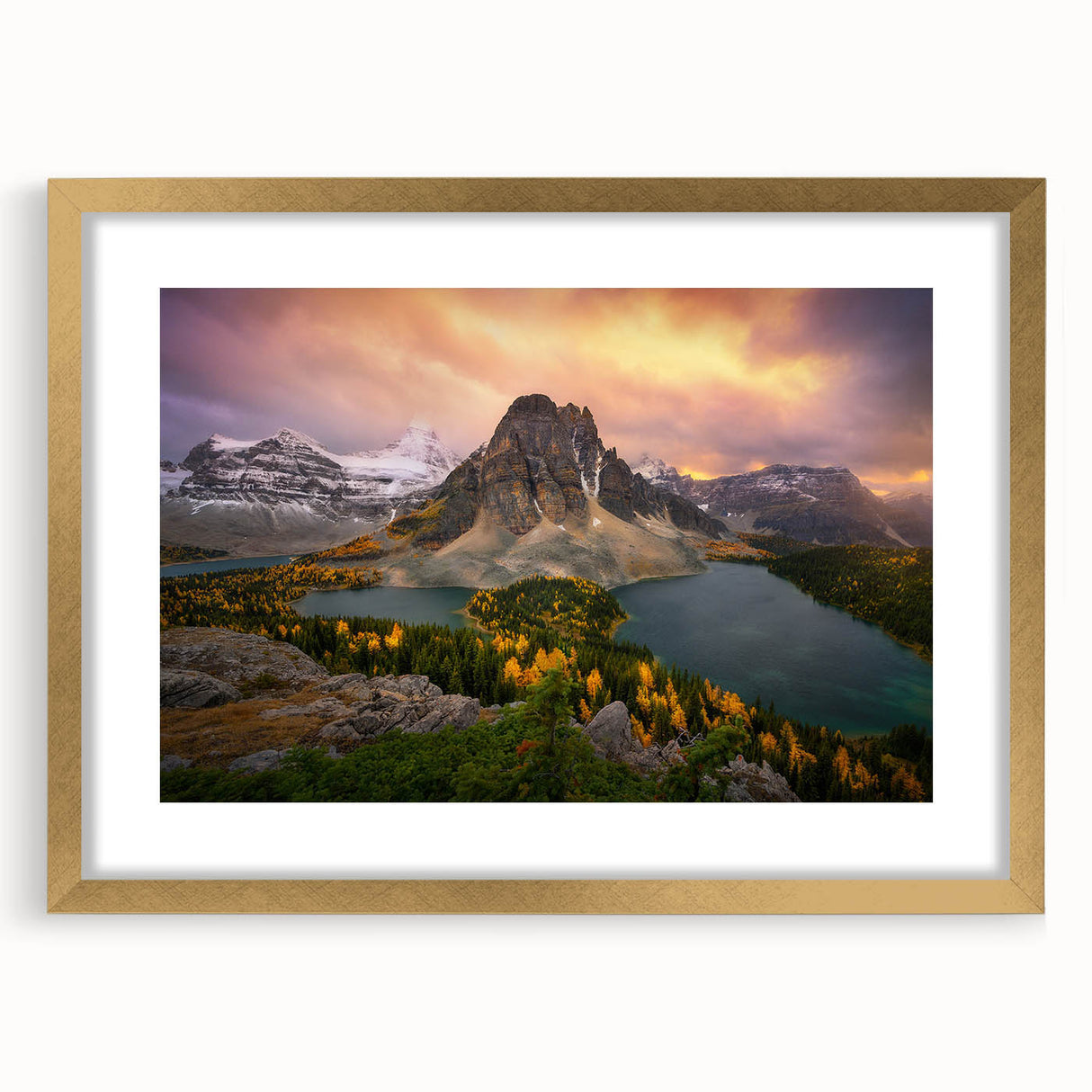 Extra large abstract art print of British Columbia scenery in muted earth tones, framed with a gold mat.