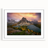 Abstract art print of British Columbia scenery in muted green and blue tones, framed with a white mat.