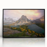 Large abstract wall art depicting a serene British Columbia landscape in muted earth tones, framed in black acrylic.