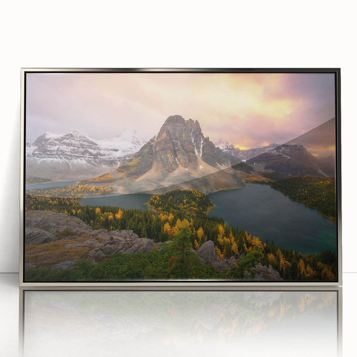 Mid-century modernist art of British Columbia scenery on silver-framed acrylic, ideal for modern art wall decor.