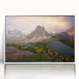 Acrylic print of British Columbia scenery in muted green and blue, framed in white, suitable for modern nursery decor.