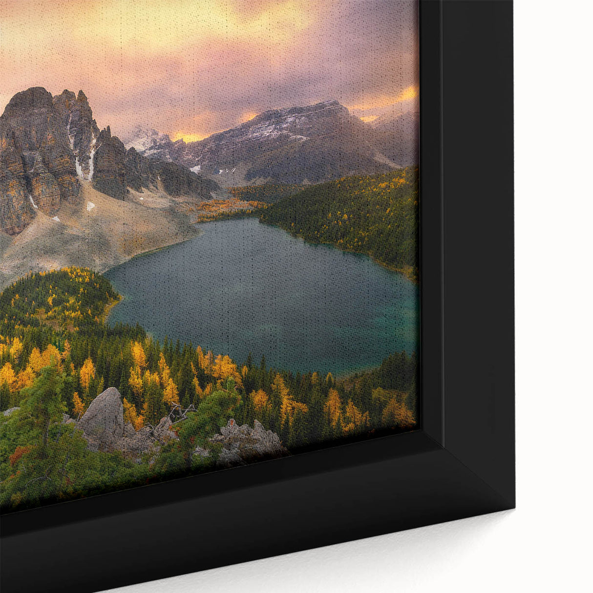 Extra large framed canvas of a textured black wall art depicting British Columbia scenery, ideal for living room decor.