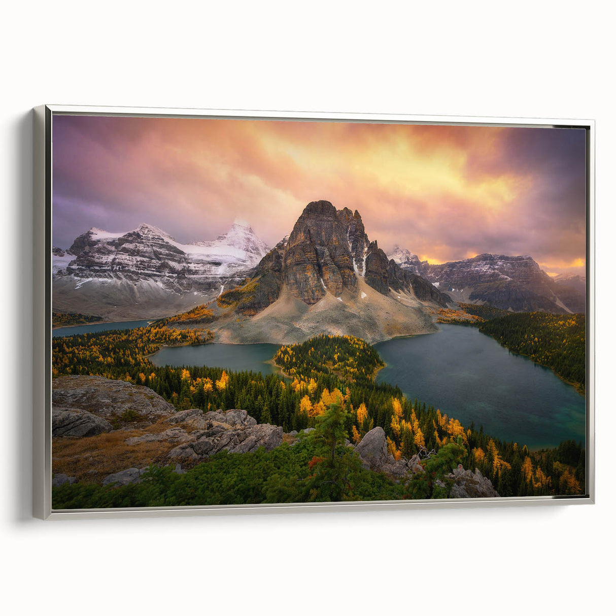 Landscape art painting of British Columbia on framed canvas, featuring vibrant green and blue tones.