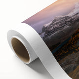 Art deco style poster of British Columbia scenery on rolled canvas, featuring muted earth tones, ideal for nursery wall art.