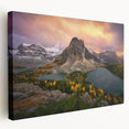 Side view of a stretched canvas depicting a serene British Columbia landscape in muted green and blue tones.