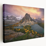 Side view of a stretched canvas depicting a serene British Columbia landscape in muted green and blue tones.
