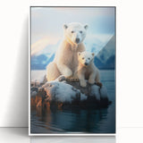 Art deco poster of Manitoba scenery in muted blue and green tones, acrylic print framed in white.