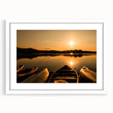Abstract art print of a serene Ontario landscape in muted blues and greens on a framed white mat.