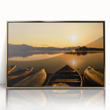 Large art print of Ontario scenery in mid-century modernist style, acrylic frame with gold accents.