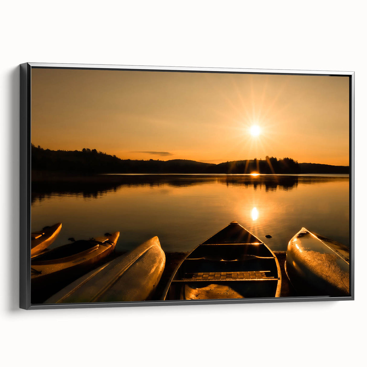 Black and white framed canvas featuring a vintage-style landscape painting of Ontario, ideal for bedroom wall decor.