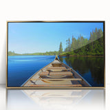 Framed acrylic print of Quebec scenery, featuring mid-century modernist style in muted gold tones.