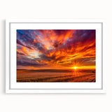 Abstract art print of Saskatchewan scenery in muted earth tones on a framed white mat, suitable for dining room decor.