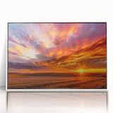 Acrylic print of a serene Saskatchewan landscape, framed in white, ideal for modern art wall decor in a nursery.