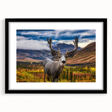 Colorful abstract art print of Yukon scenery in extra large black framed matte, ideal for living room decor.