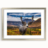 Textured abstract art print of Yukon scenery in muted earth tones, framed with a silver mat, suitable for bedroom decor.