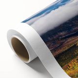 Art deco poster of a Yukon landscape on rolled canvas, featuring muted earth tones, ideal for nursery wall art.