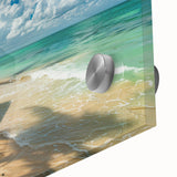 Large abstract wall art of Caribbean scenery in muted blue and green tones on acrylic glass, ideal for dining room ambiance.