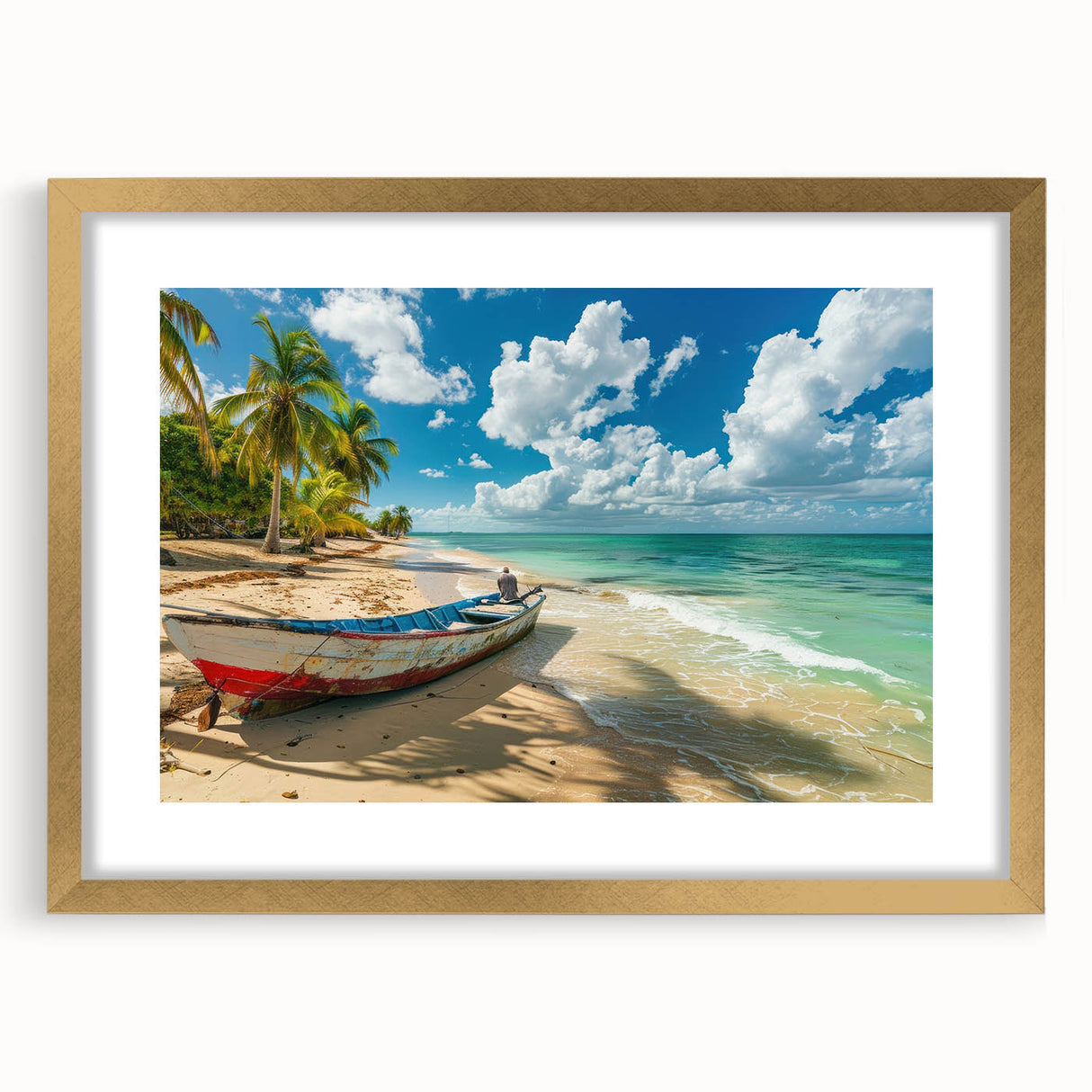 Abstract art print of a Caribbean scene in muted blue and green tones on a framed canvas.