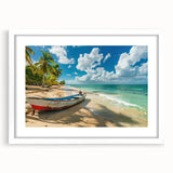 Textured abstract art print of Caribbean scenery in muted blues and greens, framed with a white mat.