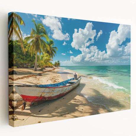 Large canvas print of a Caribbean beach scene in vibrant blue and turquoise tones, ideal for kitchen wall art.