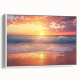 Vintage poster art of a Caribbean Bahamas scene on a framed canvas, featuring vibrant oceanic blue and sandy hues.