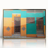 Large art print of a Caribbean Cuba scenery in mid-century modernist style, framed in gold acrylic.