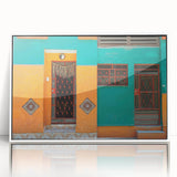 Art deco poster of a Caribbean scene in pastel shades, framed acrylic print ideal for modern nursery wall art.