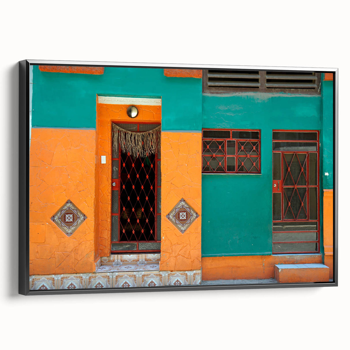 Black and white framed canvas of a vintage Cuban landscape, ideal for bedroom wall art.