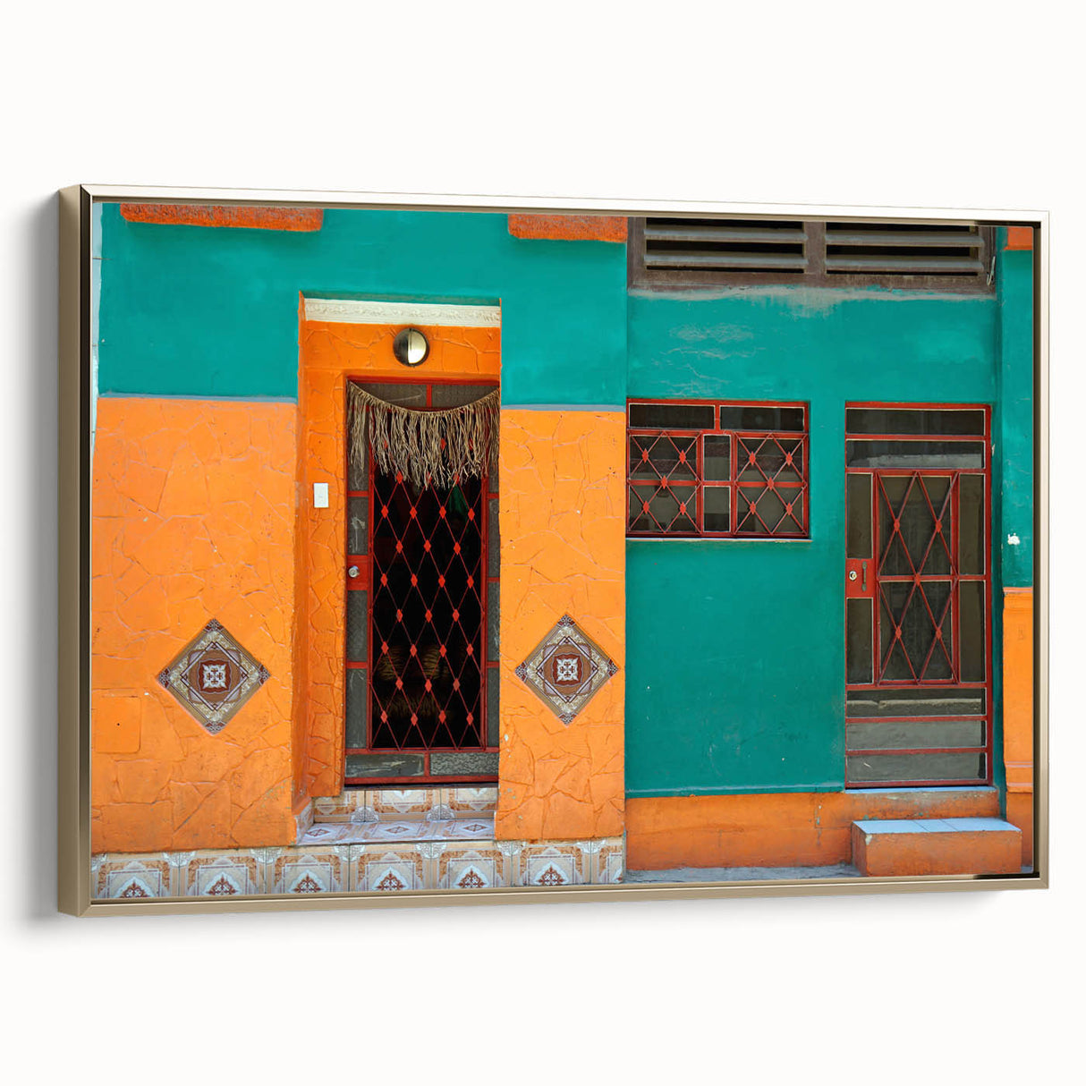 Landscape painting of a Caribbean scene on framed canvas, featuring muted earth tones and vintage poster style.
