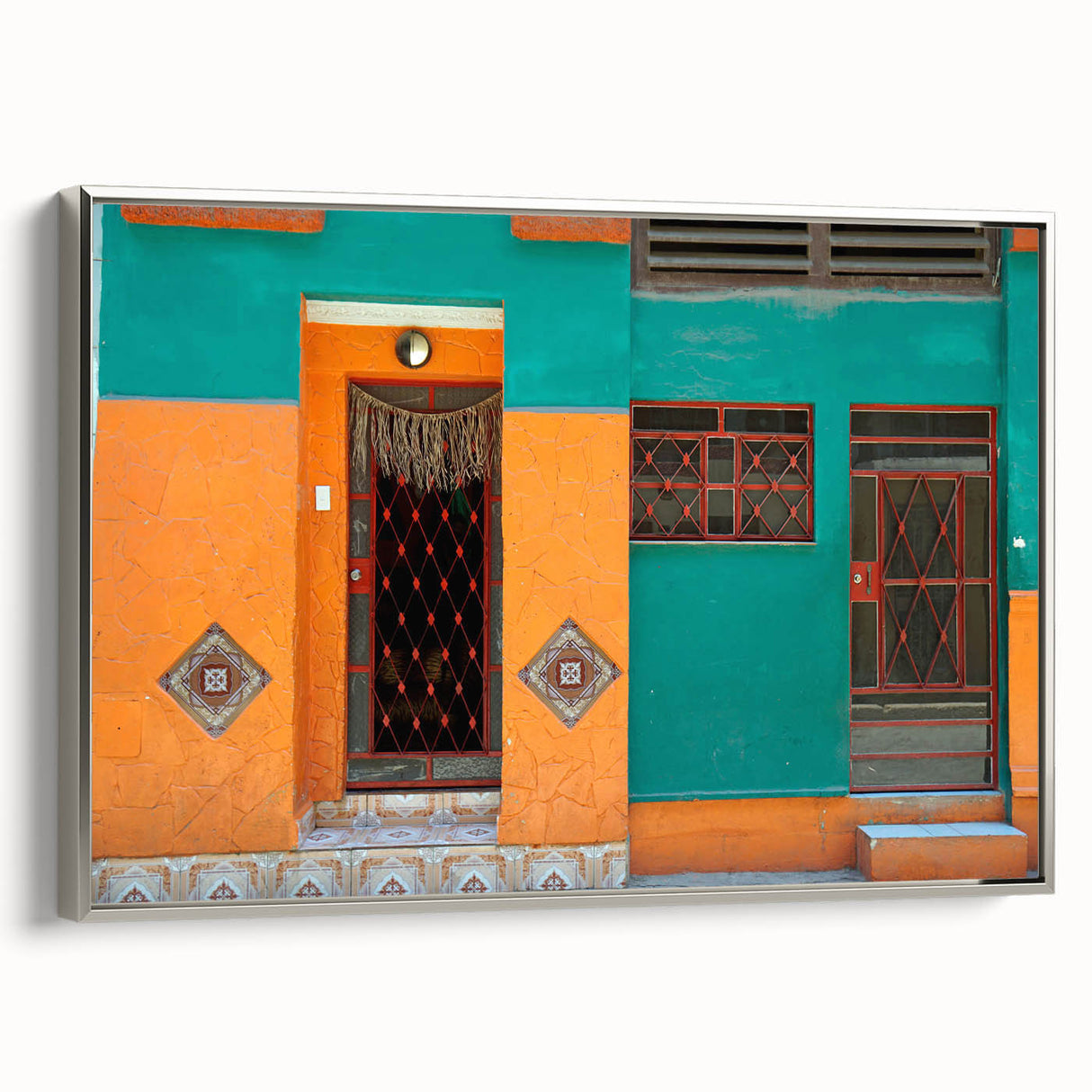 Framed canvas landscape art painting depicting a vintage Cuban coastal scene in vibrant colors.
