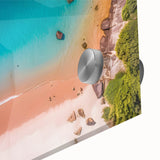 Large abstract wall art depicting a Caribbean scenery in vibrant ocean blues and greens on acrylic glass.
