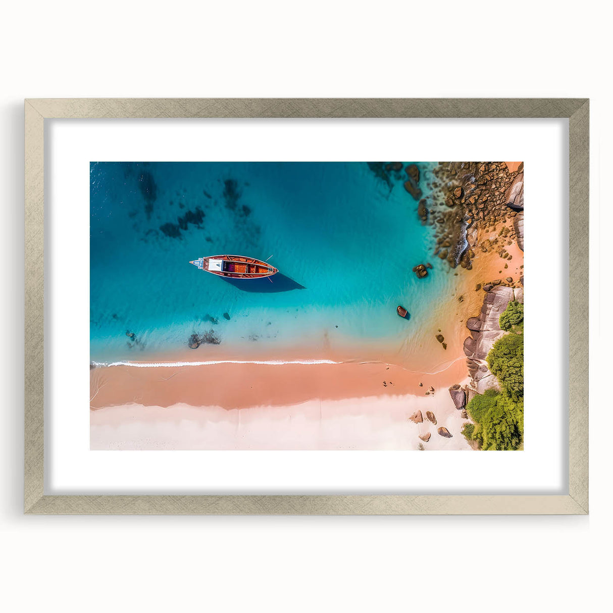Extra large abstract art print of a Caribbean scene in muted blues and greens, framed in silver, ideal for living room decor.