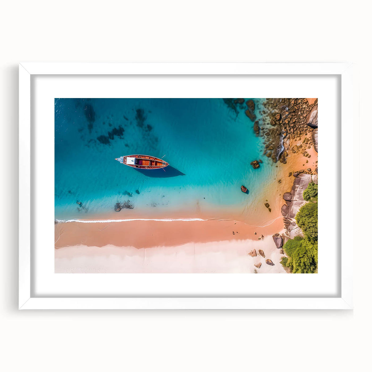 Textured abstract art print of Caribbean scenery in a white frame with mat, using cool blue and green tones.