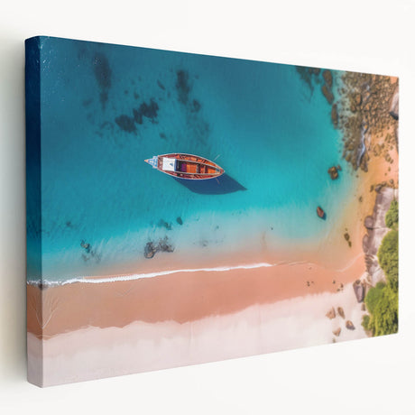 Caribbean beach scene with palm trees on a stretched canvas, featuring soft blue and sandy tones, ideal for kitchen wall art.