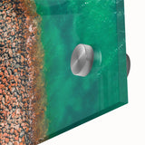 Large abstract print of a Caribbean scene in vibrant blues and greens on acrylic, ideal for dining room art.