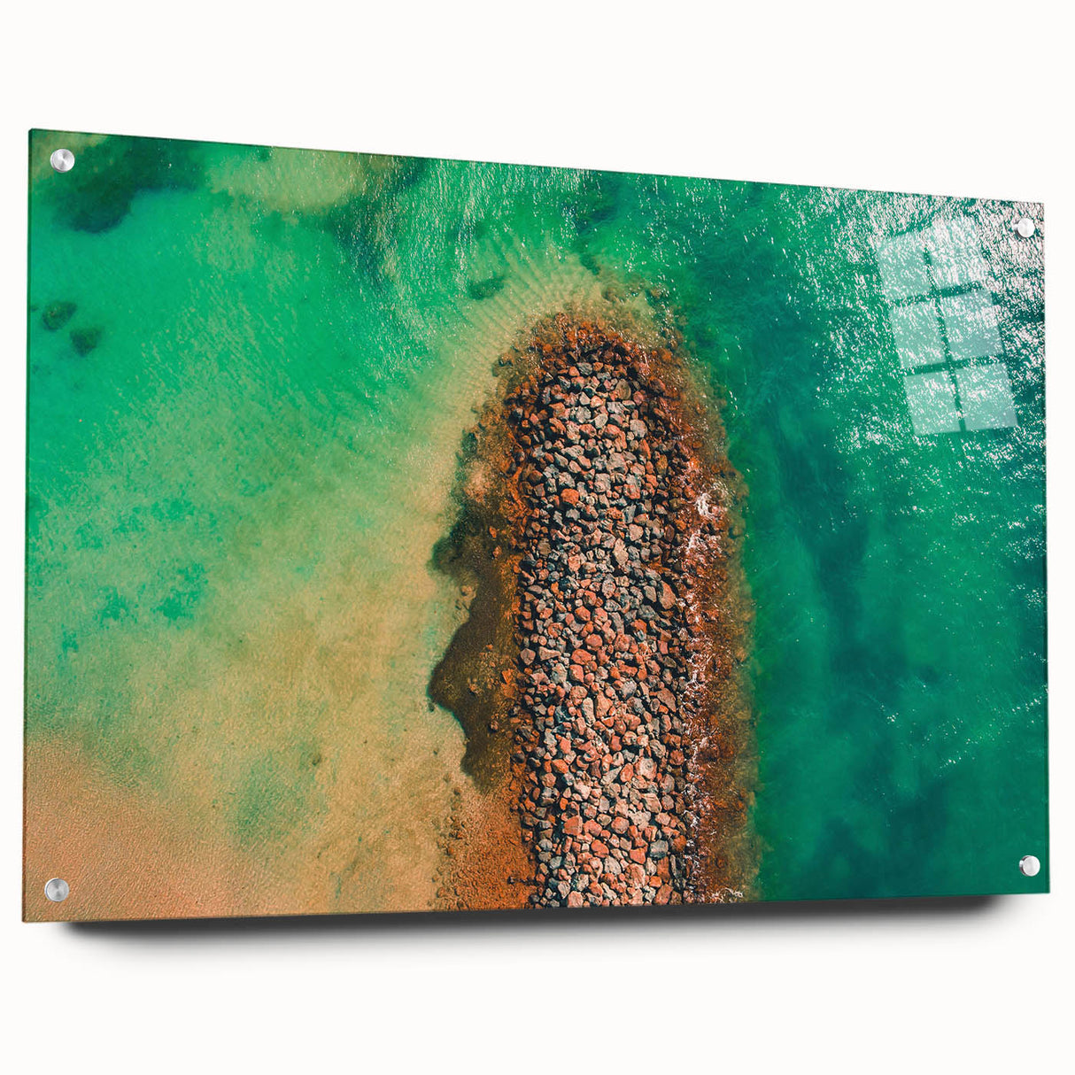 Large abstract wall art of Caribbean scenery on acrylic glass, featuring vibrant blue and green tones.