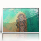 Mid-century modernist art depicting a serene Puerto Rican landscape, framed in white acrylic.