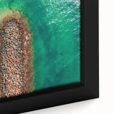 Extra large framed canvas featuring a black textured background with colorful Caribbean scenery, ideal for living room decor.