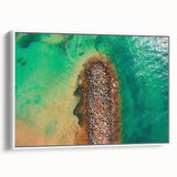 Vintage poster art of a Caribbean landscape in vibrant colors on a large framed canvas, ideal for living room decor.