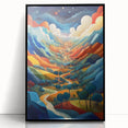 Large abstract wall art featuring vibrant shades of blue and orange in a mid-century modernist style.
