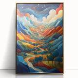 Large art print of a Salvadoran landscape in vibrant greens and blues, framed in gold acrylic.