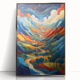 Mid-century modernist art depicting a serene El Salvador landscape in cool blues and greens.